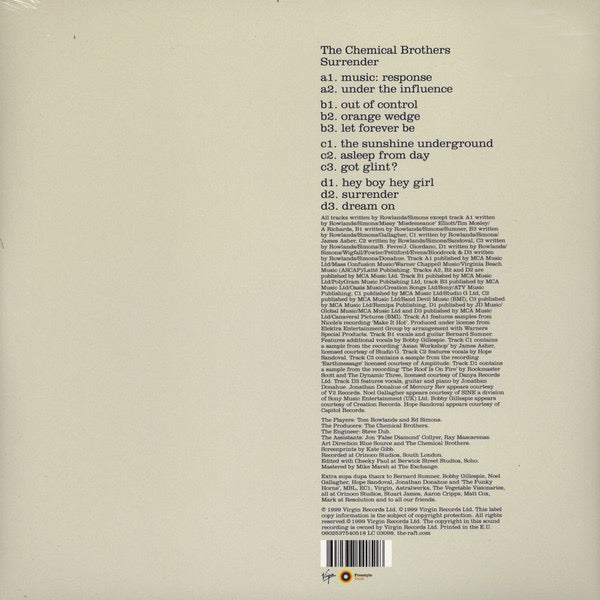 Image of Back Cover of 2xLP - NEW/NEW - THE CHEMICAL BROTHERS, Surrender (Virgin; 0602537540518, UK 2013 Reissue, Gatefold, 2 Inners, 180 Gram Vinyl), , English electronic music duo The Chemical Brothers' third studio album, released in June 1999. The band second #1 album saw the duo exploring further various electronic styles, including house music. Featuring the singles: 'Hey Boy Hey Girl', 'Let Forever Be', 'Out of Control', and 'Music: Response'. - 3636085E