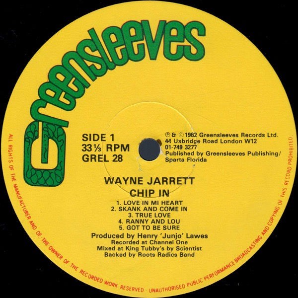 Image of Label Cover of LP - G+/G+ - WAYNE JARRETT, Chippin (Greensleeves; GREL28, UK 1982), Small tear to opening and staining to sleeve. Disc has light marks only.,  - 4116276C