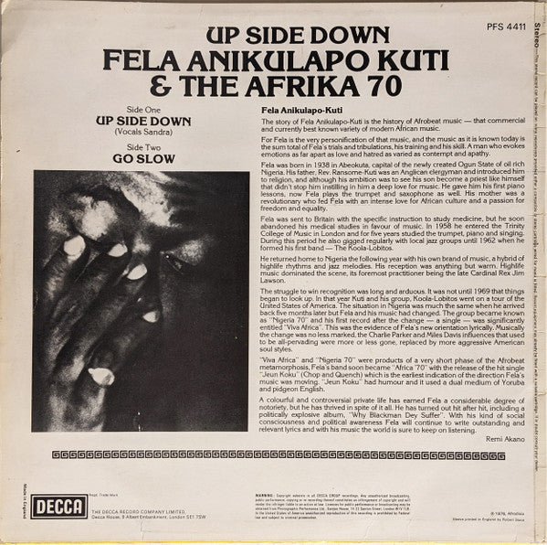 Image of Back Cover of LP - VG/G+ - FELA ANIKULAPO KUTI & AFRIKA 70, Up Side Down (Decca / Phase 4; 547 138, UK 1976, Laminated Sleeve), ,  - 3526070E