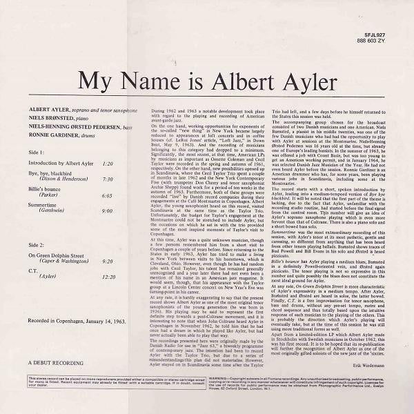 Image of Back Cover of LP - VG/VG - ALBERT AYLER, My Name Is (Fontana; 688 603, UK 1969 Reissue, Laminated Sleeve), A few superficial marks to disc.,  - 2416046C