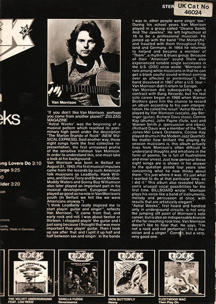 Image of Back Cover of LP - VG/VG - VAN MORRISON, Astral Weeks (Midi; MID26004, Germany 1980s Reissue, Original Rock Classics series), ,  - 4326335E