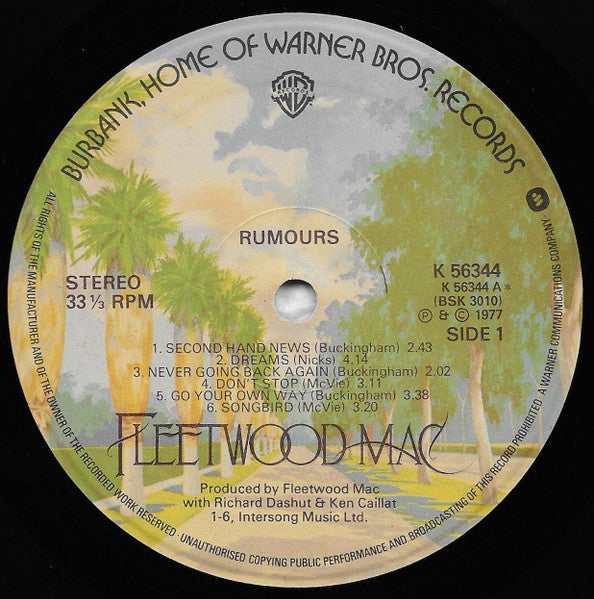 Image of Label Cover of LP - VG/G+ - FLEETWOOD MAC, Rumours (WB Burbank; K56344, UK 1977, Smooth Sleeve, Insert, NO Gothic Print On Rear Sleeve), Light edge and ring wear. Hairlines on disc. ,  - 3546150S