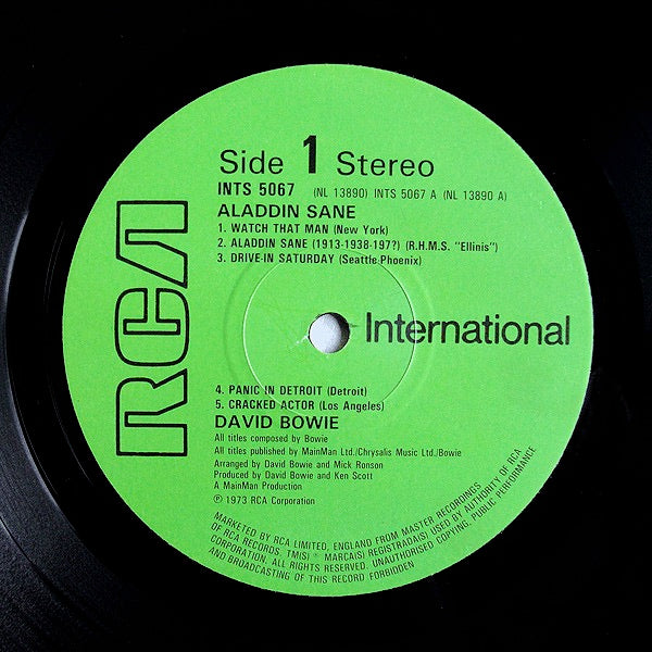 Image of Label Cover of LP - VG/VG+ - DAVID BOWIE, Aladdin Sane (RCA International Green; INTS 5067, UK 1981 Reissue, Single Sleeve, Bilbo Run Out), ,  - 3916355C