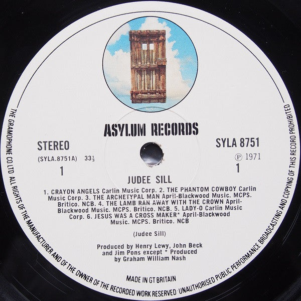 Image of Label of 3644070S: LP - JUDEE SILL, Judee Sill (Asylum; SYLA8751, UK 1972, Gatefold, Carlin Music Credits.) Edge wear. Visually G+ but plays and sounds like a strong VG.   VG/G+