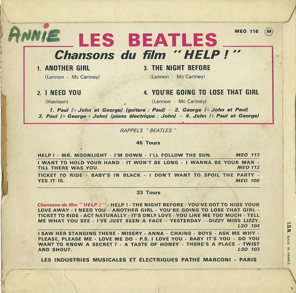 Image of Back Cover of 7" EP - VG/VG - LES BEATLES, Chansons Du Film "Help" (Odeon Red; MEO 116, France 1971 Reissue, Laminated Flipback Sleeve), Pinholes In Corner Of Sleeve,  - 0326316E