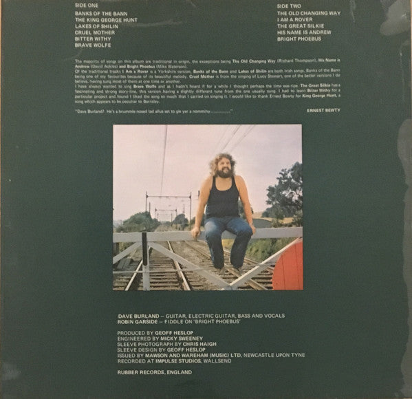 Image of Back Cover of 4423164E: LP - DAVE BURLAND, Songs & Buttered Haycocks (Rubber Records; RUB012, UK 1975, Laminated Sleeve) Laminate Bubbling Down Spine  VG+/VG+