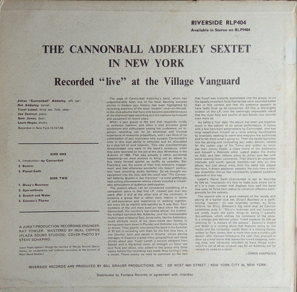 Image of Back Cover of LP - G+/VG - THE CANNONBALL ADDERLEY SEXTET, In New York (Riverside Records; RLP 404, UK 1962, Laminated Pasteback Sleeve, Mono), Wavy sleeve from tight laminate.,  - 3016047C