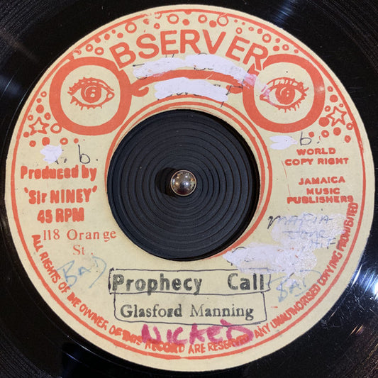 Image of Front Cover of 0754076S: 7" - GLASFORD MANNING, Prophecy Call / Version (Observer; , Jamaica 1977, Plain sleeve) Disc dished but plays OK.  /VG+