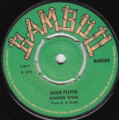 Image of Front Cover of 7" - /G - BURNING SPEAR / SOUND DIMENSION, Door Peeper / Soul Food (Bamboo; BAM50, UK 1970, 4-Prong Centre), Loads of marks; crackly on intro, improves after. No centre piece, SWOL.,  - 2356108S