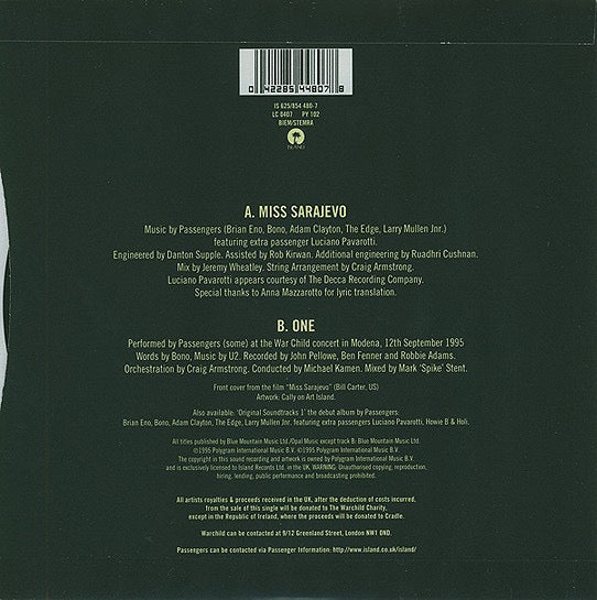 Image of Back Cover of 7" - VG/VG+ - PASSENGERS (U2 AND ENO), Miss Sarajevo (Island; IS625, Europe 1995, Stickered Plastic 12" Sleeve With Pocket For 7", Poster), Plastic sleeve a bit wavey.,  - 3116197C