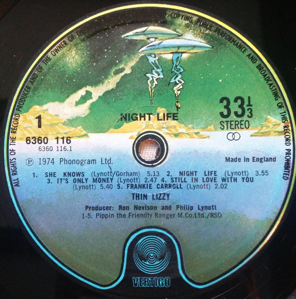 Image of Label Cover of LP - VG/G+ - THIN LIZZY, Nightlife (Vertigo Spaceship "1" & "2" Side ID; 6360 116, UK 1974, Laminated Sleeve), Light Marks only.,  - 2216387C