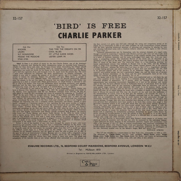 Image of Back Cover of LP - VG/VG - CHARLIE PARKER, 'Bird' Is Free (Esquire; 32-157, UK 1962, Laminated Flipback Sleeve), ,  - 3626116E