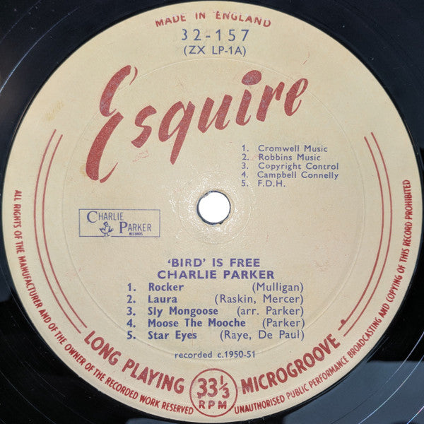 Image of Label Cover of LP - VG/VG - CHARLIE PARKER, 'Bird' Is Free (Esquire; 32-157, UK 1962, Laminated Flipback Sleeve), ,  - 3626116E