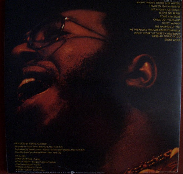 Image of Back Cover of 2xLP - VG/G - CURTIS MAYFIELD, Curtis / Live! (Curtom; K66047, UK 1976 Reissue, Gatefold, 2 Inners), Lots of light marks but plays well. Tape to sleeve opening.,  - 3716071C