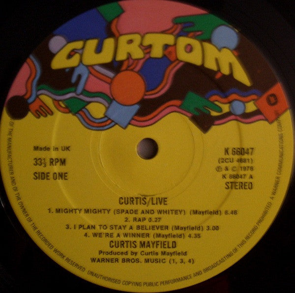 Image of Label Cover of 2xLP - VG/G - CURTIS MAYFIELD, Curtis / Live! (Curtom; K66047, UK 1976 Reissue, Gatefold, 2 Inners), Lots of light marks but plays well. Tape to sleeve opening.,  - 3716071C