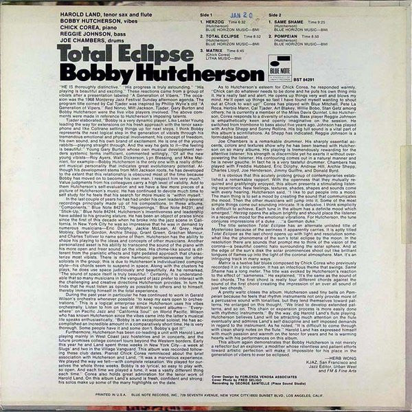 Image of Back Cover of LP - VG/VG - BOBBY HUTCHERSON, Total Eclipse (Blue Note (Division of Liberty); BST 84291, US 1968, Pasteback Sleeve, Company Inner, Stereo), Hairlines. Ringwear, edgeweae, writing on back of sleeve.,  - 3926366E