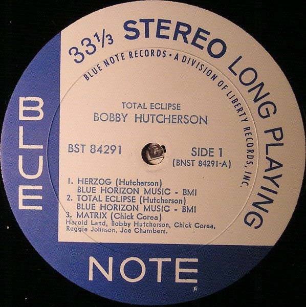 Image of Label Cover of LP - VG/VG - BOBBY HUTCHERSON, Total Eclipse (Blue Note (Division of Liberty); BST 84291, US 1968, Pasteback Sleeve, Company Inner, Stereo), Hairlines. Ringwear, edgeweae, writing on back of sleeve.,  - 3926366E