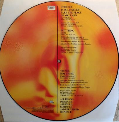 Image of Back Cover of 12" - VG/VG+ - PRINCE, I Could Never Take The Place Of Your Man (Paisley Park; W8288TP, Paisley Park    920 828-0, Paisley Park    W 8288 TP, UK 1987, Stickered Plastic Sleeve, Picture Disc), ,  - 3926109E