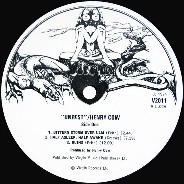 Image of Label Cover of 0125302E: LP - HENRY COW, Unrest (Virgin B&W Drawing; V2011, UK 1974, Gatefold Sleeve, E. J. Day Printed Sleeve, First Pressing) Strong VG+  VG/VG+