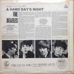 Image of Back Cover of LP - VG/VG - THE BEATLES, A Hard Day's Night (Parlophone Black/Yellow; PMC1230, UK 1964, Laminated Flipback Ernest J Day Sleeve, First pressing, Mono, Wide Font Cat No on Label), Light marks, edge laminate creasing, Emitex poly lined inner ,  - 4146173S