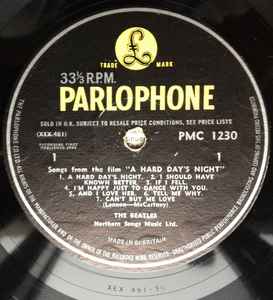 Image of Label Cover of LP - VG/VG - THE BEATLES, A Hard Day's Night (Parlophone Black/Yellow; PMC1230, UK 1964, Laminated Flipback Ernest J Day Sleeve, First pressing, Mono, Wide Font Cat No on Label), Light marks, edge laminate creasing, Emitex poly lined inner ,  - 4146173S