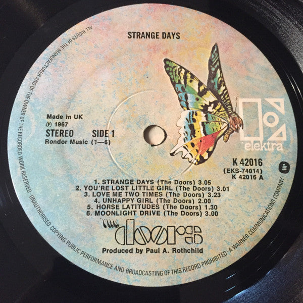 Image of Label Cover of LP - VG/VG - THE DOORS, Strange Days (Elektra Butterfly, w Logo on Rim; K42016, UK 1976 Reissue, Non-Laminated Sleeve), Strong VG - a few hairlines, edge wear,  - 2546009S