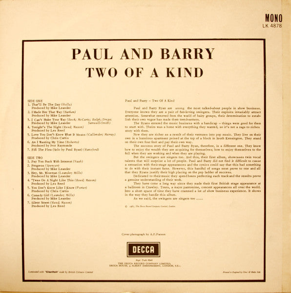 Image of Back Cover of LP - G+/G+ - THE RYANS, Two Of a Kind (Decca Red Unboxed; LK4878, UK 1967, Laminated Front Sleeve, Non-Flipback, Mono), Edge and ring wear, creasing and marks. Heavy wear on disc but nothing too deep.,  - 4146094S