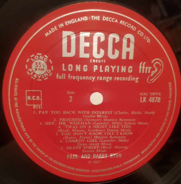Image of Label Cover of LP - G+/G+ - THE RYANS, Two Of a Kind (Decca Red Unboxed; LK4878, UK 1967, Laminated Front Sleeve, Non-Flipback, Mono), Edge and ring wear, creasing and marks. Heavy wear on disc but nothing too deep.,  - 4146094S