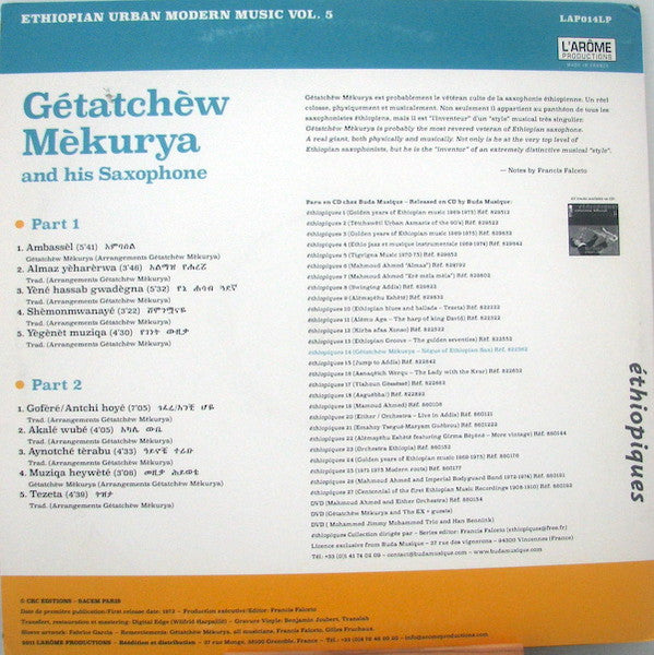 Image of Back Cover of LP - VG+/VG+ - GETATCHEW MEKURYA, Ethiopian Urban Modern Music Vol. 5 (L'Arome; LAP014LP, France 2011 Reissue), Light ringwear at top of sleeve front.,  - 4126207E