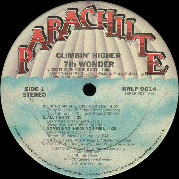 Image of Label Cover of LP - VG/G+ - 7TH WONDER, Climbing Higher (Parachute; RR 9014, US 1979, Company Inner, Track 1 above center hole), Visually a G+ but plays clean.,  - 2946191S