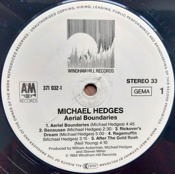 Image of Label Cover of LP - EX/VG+ - MICHAEL HEDGES, Aerial Boundaries (A & M; 371 032-1, Germany 1984), ,  - 3926126E