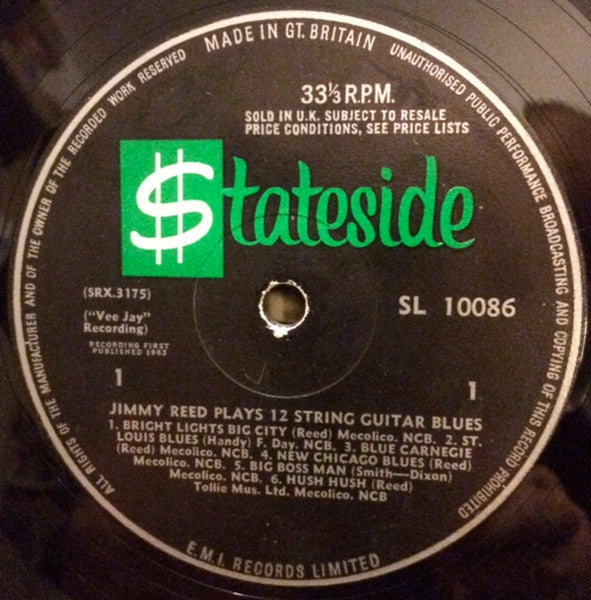 Image of Label Cover of LP - G/VG - JIMMY REED, Plays 12 String Guitar Blues (Stateside; SL 100867, UK 1963, Laminated Flipback Sleeve), Marks on disc. Plays well. Wear to sleeve with ringwear, creasing a small tear & staining on the back.,  - 3746172S