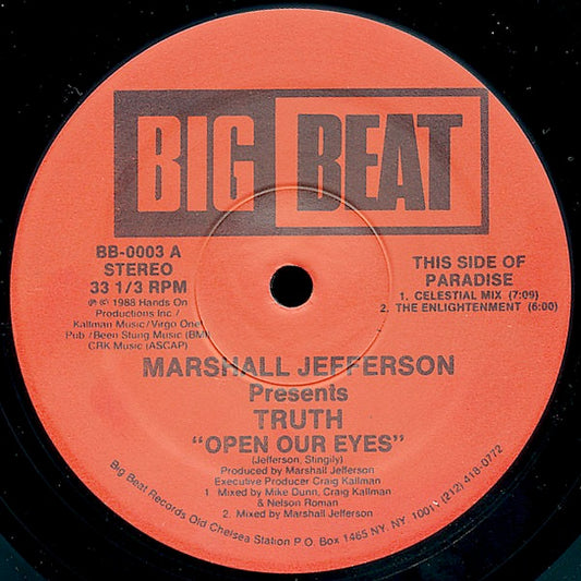 Image of Front Cover of 12" - /VG - MARSHALL JEFFERSON PRESENTS TRUTH, Open Our Eyes (Big Beat; BB-0003, US 1986, Plain Sleeve), two large superficial scuffs ,  - 2346131S