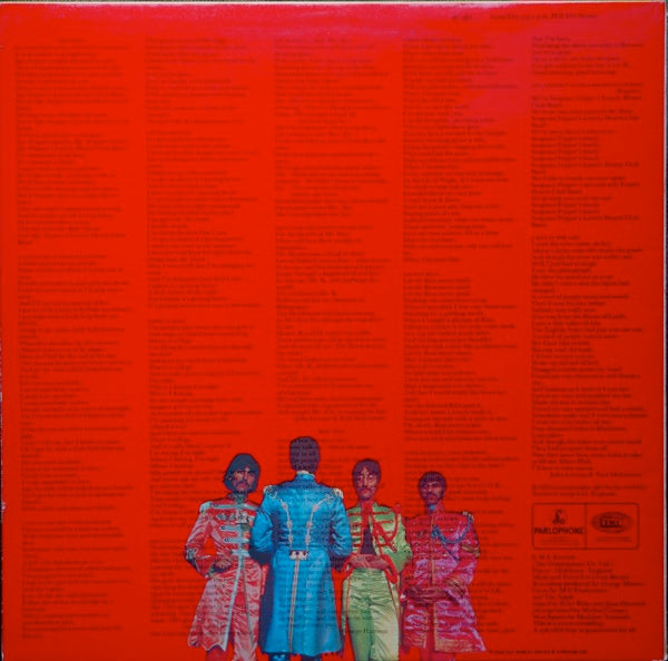 Image of Back Cover of 4745090S: LP - THE BEATLES, Sgt. Pepper's Lonely Hearts Club Band (Parlophone Black/Yellow; PCS7027, UK 1967, Gatefold, Stereo, Gram Co On Label Rim, A1/B1 Matrix) Small Writing On Front Sleeve9  VG/VG