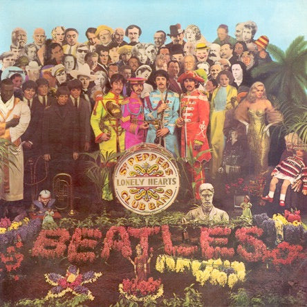 Image of Front Cover of 4745090S: LP - THE BEATLES, Sgt. Pepper's Lonely Hearts Club Band (Parlophone Black/Yellow; PCS7027, UK 1967, Gatefold, Stereo, Gram Co On Label Rim, A1/B1 Matrix) Small Writing On Front Sleeve9  VG/VG
