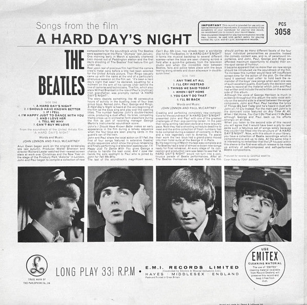 Image of Back Cover of LP - VG/VG+ - THE BEATLES, A Hard Day's Night (Parlophone Silver/Black, EMI on Label Rim; PCS 3058, UK 1976 Reissue, Laminated Front Sleeve, 2 Boxed EMI Logos), Sleeve Creased,  - 2526203E