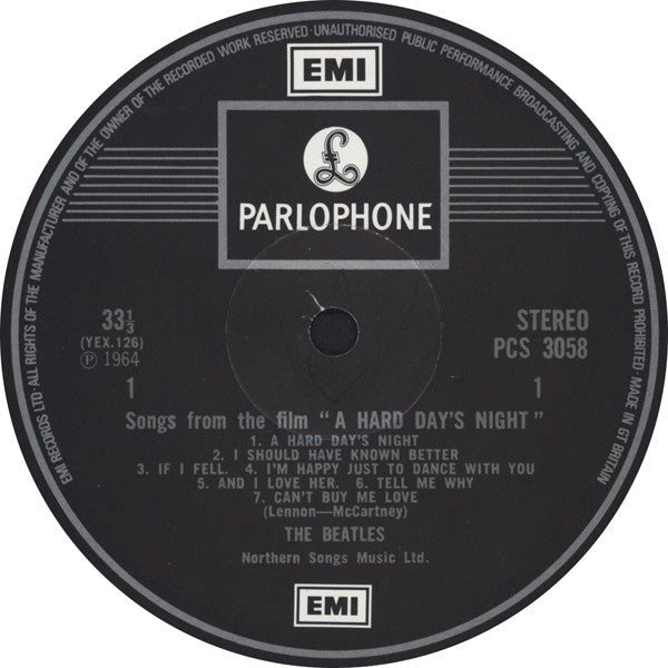 Image of Label Cover of LP - VG/VG+ - THE BEATLES, A Hard Day's Night (Parlophone Silver/Black, EMI on Label Rim; PCS 3058, UK 1976 Reissue, Laminated Front Sleeve, 2 Boxed EMI Logos), Sleeve Creased,  - 2526203E
