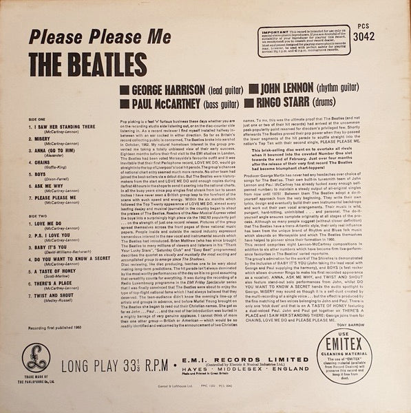 Image of Back Cover of LP - VG/VG - THE BEATLES, Please Please Me (Parlophone Silver/Black 2 Boxed EMI Logos; PCS3042, UK 1980 Reissue, Non Flipback Sleeve, All Rights Rim), ,  - 3026113E