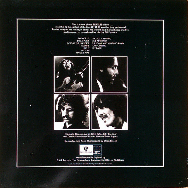 Image of Back Cover of LP - VG+/VG+ - THE BEATLES, Let It Be (Apple; PCS7096, UK 1984 Reissue, 4th UK Issue, No Apple Logo on cover,  "Manufactured in the UK by EMI Records limited" on rim), Small patch of light marks on A1, does not effect play.,  - 2516133C