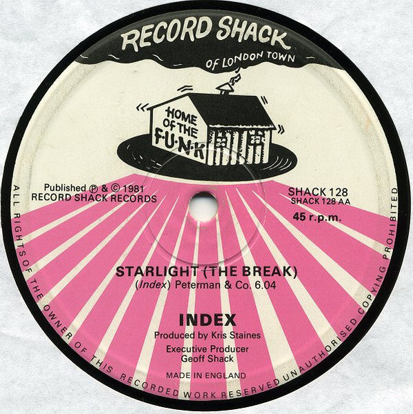 Image of Back Cover of 12" - VG/VG+ - INDEX, Starlight (Record Shack; SHACK 128, UK 1981, Company Sleeve), Lightest of marks. Ringwear on company sleeve.,  - 2326076E