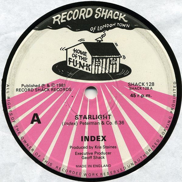 Image of Front Cover of 12" - VG/VG+ - INDEX, Starlight (Record Shack; SHACK 128, UK 1981, Company Sleeve), Lightest of marks. Ringwear on company sleeve.,  - 2326076E