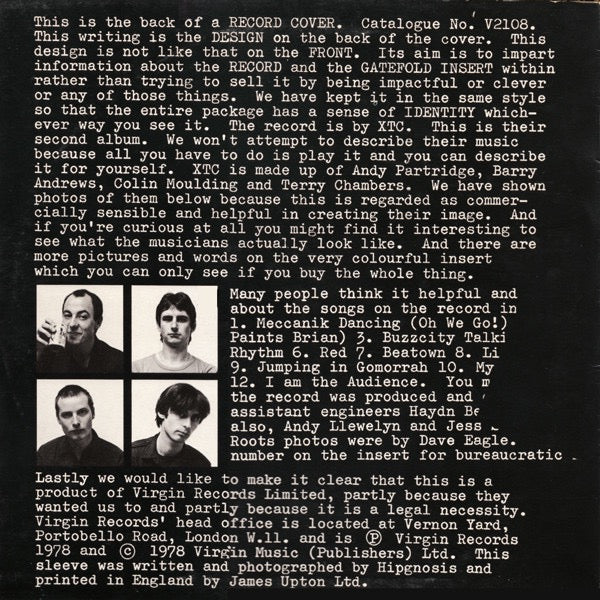 Image of Back Cover of LP - VG/VG - XTC, Go 2 (Virgin; V2108, UK 1978, Insert, Inner Not Stamped, "Tone" Runout Side B), ,  - 2016146C
