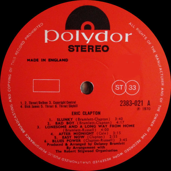 Image of Label Cover of LP - VG+/VG - ERIC CLAPTON, Eric Clapton (Polydor; 2383021, UK 1970, Laminated Sleeve), ,  - 0826341E