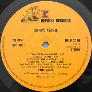 Image of Label of 3544155S: LP - FRANK ZAPPA, Chunga's Revenge (Reprise Tan, Orange r:; RSLP2030, UK 1971 Reissue, Red Gatefold) Edge wear, small area of sticker damage  VG/VG+