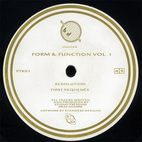 Image of Label Cover of 12" - G/G - STUDIO PRESSURE (PHOTEK), Form & Function Vol. 1 (Photek; PTK01, UK 1994), Record marked and scuffed throughout; some surface noise in places. Sleeve worn, creased, discoloured and scuffed, with staining too. Corner liquid damaged, A	ResolutionB	First Sequence - 1416412C