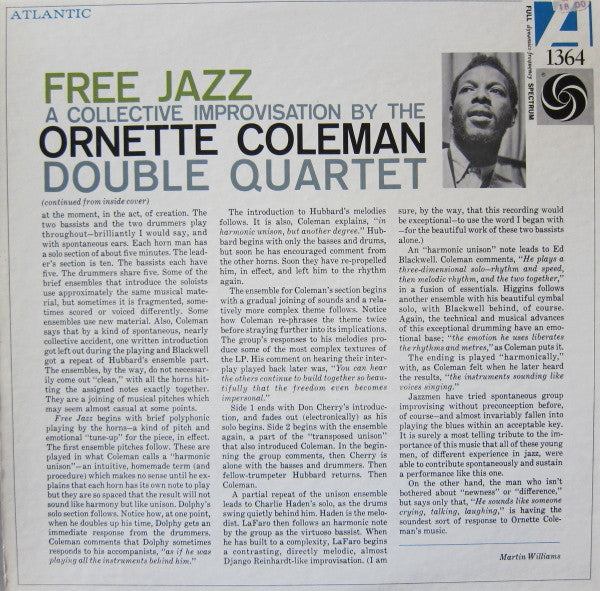 Image of Back Cover of 4624277E: LP - THE ORNETTE COLEMAN DOUBLE QUARTET, Free Jazz - A Collective Improvisation (Atlantic Green & Blue Label with 'White Fan' Logo; 1364, US 1961, Die Cut Gatefold, Stereo) Strong VG, UK Import Sticker on Front Sleeve  VG+/VG