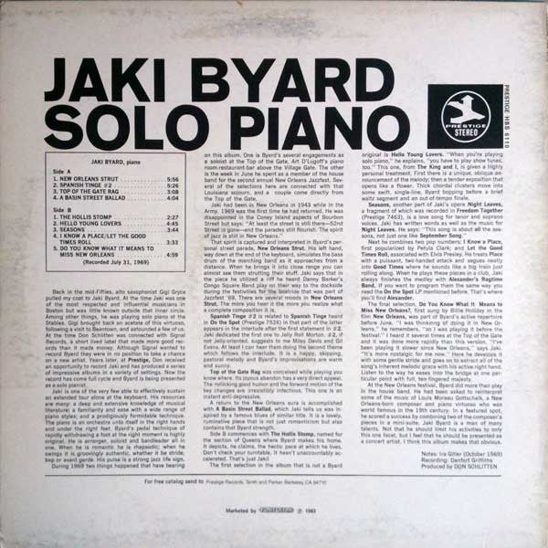 Image of Back Cover of LP - VG+/VG - JAKI BYARD, Solo Piano (Prestige; HBS 6110, Italy 1983, Picture Sleeve), Coupld light marks,  - 2346084S