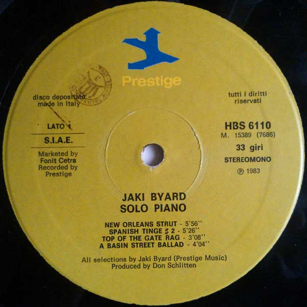 Image of Label Cover of LP - VG+/VG - JAKI BYARD, Solo Piano (Prestige; HBS 6110, Italy 1983, Picture Sleeve), Coupld light marks,  - 2346084S