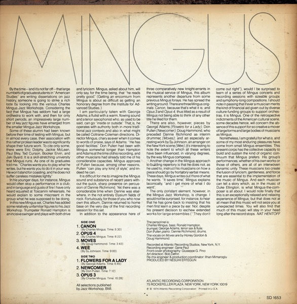 Image of Back Cover of 4514084C: LP - CHARLES MINGUS, Mingus Moves (Atlantic; SD 1653, US 1974, Laminated Pasteback Sleeve) A couple of needle scratches to vinyl. Pasteback sleeve is tearing in places but front laminated sleeve is intact.  G+/G