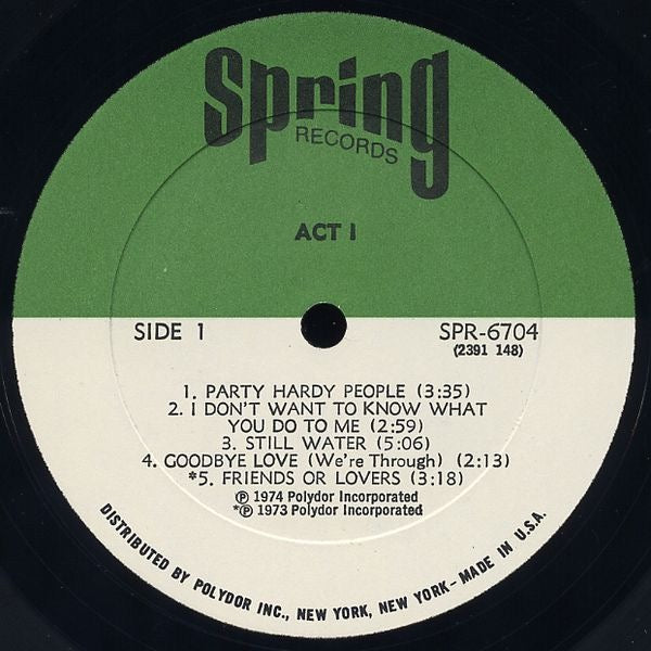 Image of Label Cover of LP - VG/G+ - ACT 1, Act 1 (Spring Records; SPR 6704, Spring Records    SPR-6704, US 1974, Pasteback Sleeve), Quite a few light marks to disc. Shelf/edge wear to sleeve.,  - 3916505C
